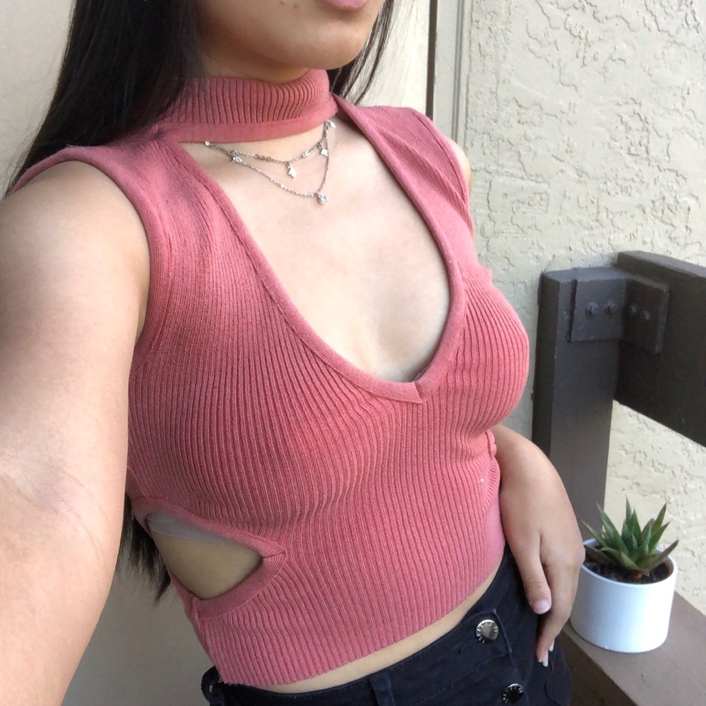 Sexy Dark Salmon Mock Deep V Crop Top